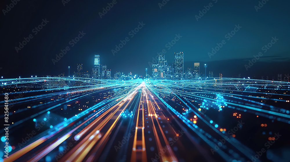 Fototapete Smart city and abstract polygon pattern connection with speed line light, big data connection technology concept