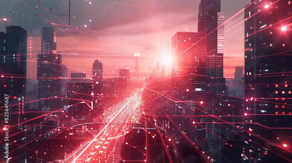 Poster smart city and abstract polygon pattern connection with speed line light, big data connection techno