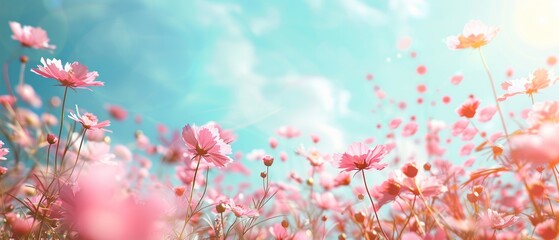 Spring meadow with pink flowers, light and airy, Womens Day celebration, 8 March, nature background, generative ai