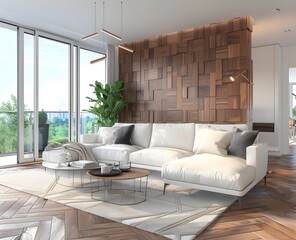 3D rendering of a modern living room interior with a white sofa and coffee table near a wooden parquet floor. 