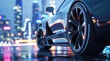 Futuristic car of the future, Close up perspective of a car wheel with futuristic design elements with a blurred, modern cityscape background