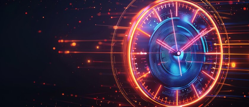 Neon clock hands on dark face, representing fastpaced business, time urgency, glowing business concept, generative ai