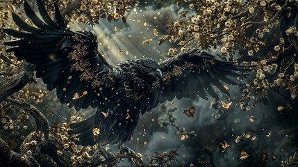 Naklejka premium Majestic Black Raven in Flight Among Blossoming Trees at Twilight