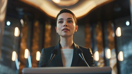 A Good-Looking Woman Delivers A Speech Using Technology, High Quality