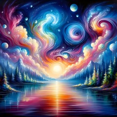 A painting of a colorful sky with clouds and stars.