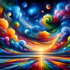 A painting of a colorful sky with many planets and clouds.
