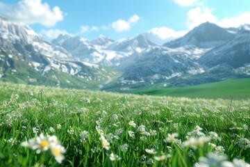 3d rendering of a sunny alpine meadow with lush grass and distant snowy mountains - generative ai