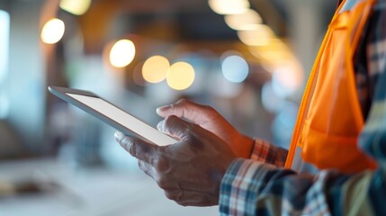 A construction manager using their tablet to send and receive updates and communicate with team members.
