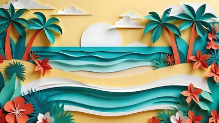 Obraz premium Paper art tropical beach