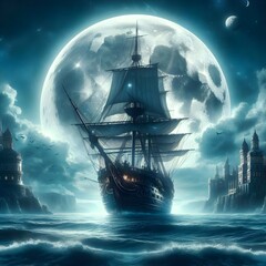 A close up of a ship in the ocean with a full moon in the background.