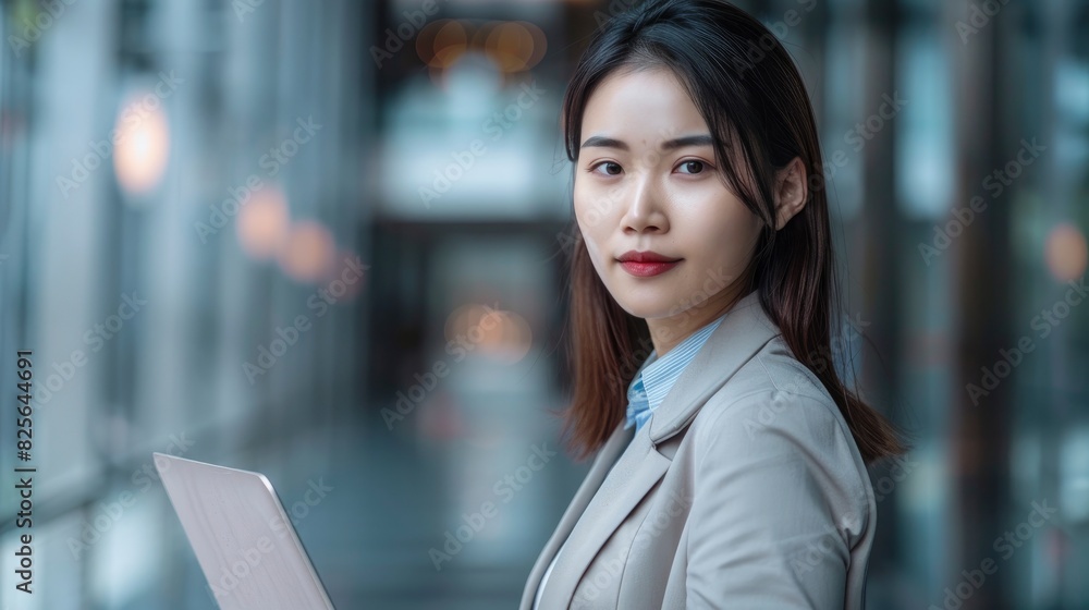 Wall mural A Photo Features A Young Asian Businesswoman Holding A Laptop, Highlighting Her Role In The Professional Environment, High Quality - Wall murals