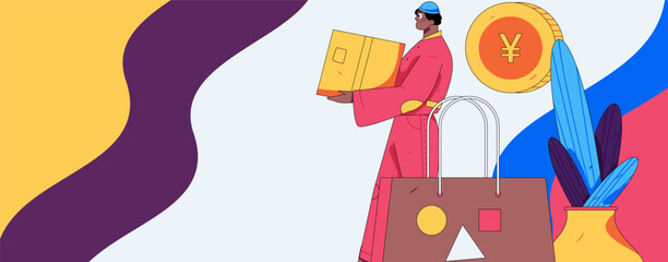 Holiday shopping people doing e-commerce online shopping flat vector concept operation hand drawn illustration
