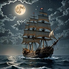 A grand sailboat gliding across the ocean under the enchanting night sky.