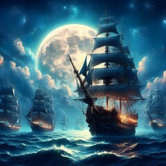 A ship in the ocean seen up close with a full moon visible in the background.