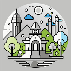 Fototapeta premium Cityscape with a Large Building in the Center and Surrounding Buildings and Trees
