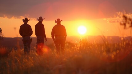 A sunset over the rugged landscape with the cowboys gathered together reflected in quiet contemplation grateful for their strong bond and enduring friendship.