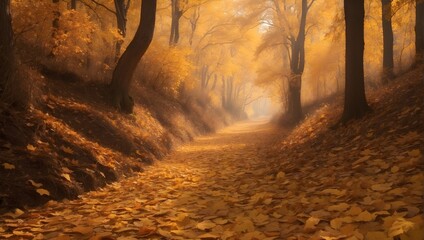 Against a rich brown background, a trail of golden leaves whispers secrets of autumn's arrival ai_generated