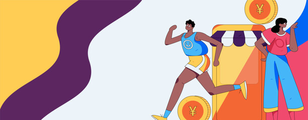 Holiday shopping people doing e-commerce online shopping flat vector concept operation hand drawn illustration
