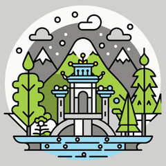 Naklejka premium A Pagoda Bridge in a Mountainous Landscape with a Stream