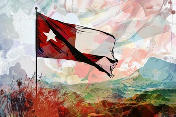 a black kite soars above a flag waving in the wind