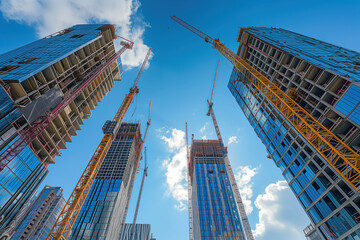 Large construction site with busy tower cranes at high rise building AI Generative