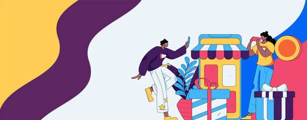 Holiday shopping people doing e-commerce online shopping flat vector concept operation hand drawn illustration
