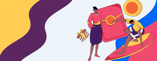 Holiday shopping people doing e-commerce online shopping flat vector concept operation hand drawn illustration
