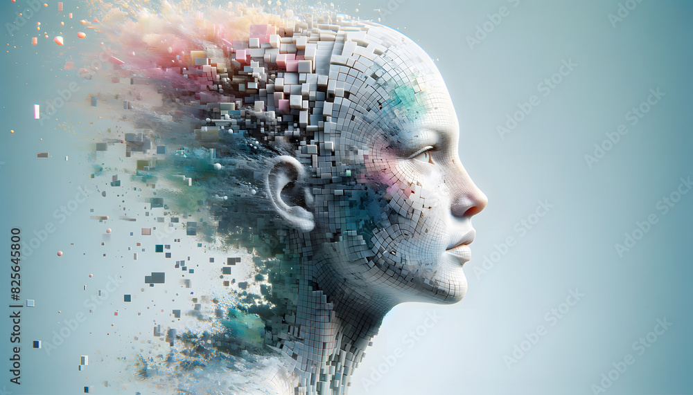 Poster human face disintegrating into digital blocks. the face is shown in profile with intricate and lifel