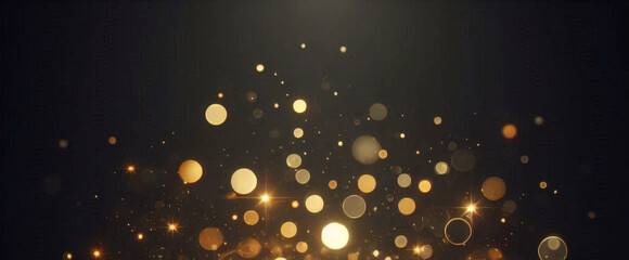Obraz premium ゴールドの輝き粒子は、背景を抽象化します。ネイビー ブラックの背景にクリスマス黄金の光輝く粒子のボケ味。休日のコンセプト。抽象的な背景と金の粒子。 