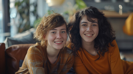 Two teenage girlfriends. Two sisters are sitting on the couch in the room. Two young women are smiling and posing for a photo
