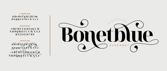 Bonetblue premium luxury elegant alphabet letters and numbers. Vintage wedding typography classic serif font decorative vintage retro. creative vector illustration