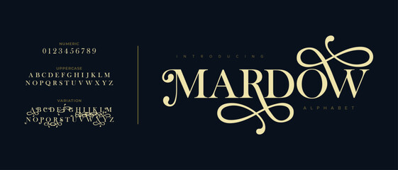 Mardow premium luxury elegant alphabet letters and numbers. Vintage wedding typography classic serif font decorative vintage retro. creative vector illustration