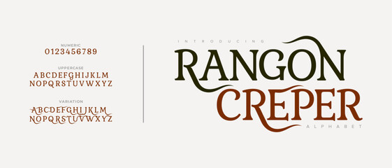 Rangon premium luxury elegant alphabet letters and numbers. Vintage wedding typography classic serif font decorative vintage retro. creative vector illustration