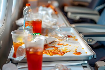 Spilled Drinks and Scattered Items on Tray Table Due to Unexpected Turbulence on Airplane Flight