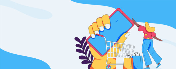 Holiday shopping people doing e-commerce online shopping flat vector concept operation hand drawn illustration
