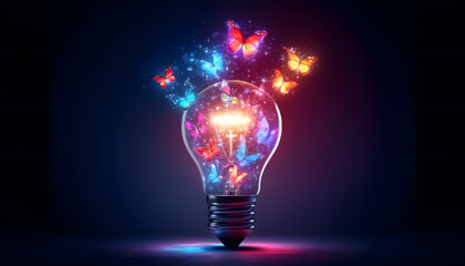 a light bulb with vibrant, glowing butterflies emerging from it against a dark gradient background. The butterflies, in shades of red, blue, yellow, and pink, have an ethereal glow