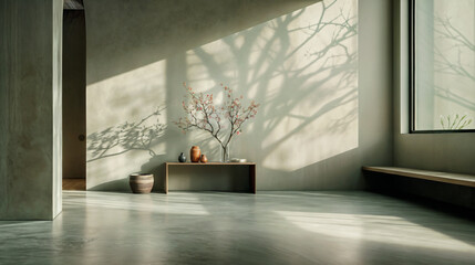 Landscape image of vase with flowers, a candle, and a bowl, placed on a table in a minimalist sunlit room with a big window
