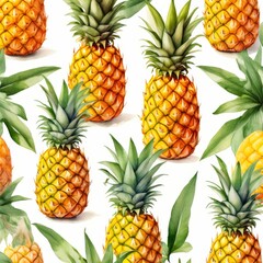 Pineapples and leaves on yellow seamless pattern.