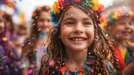 A family with children wearing rainbow attire, participating in an LGBTQ pride parade and enjoying the festivities