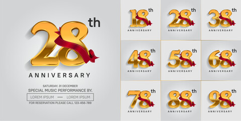 anniversary logotype set vector, golden color and red ribbon for special day celebration