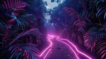 glowing purple neon line on forest