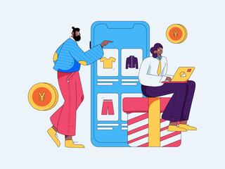 Holiday shopping people doing e-commerce online shopping flat vector concept operation hand drawn illustration
