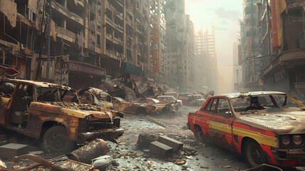 Fototapeta premium Verwüstete Stadt: Eine düstere Darstellung postapokalyptischer Zerstörung und Verschmutzung