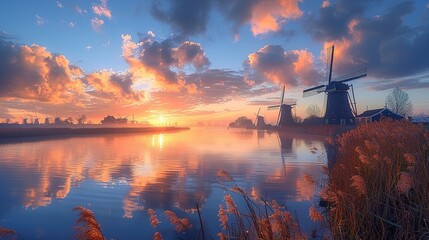 Sunset over a serene Dutch landscape with a row of historic windmills and waterfront houses - Generative Ai