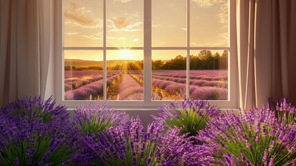 Sunset Lavender View: A cozy room with a window framing a stunning sunset over a lavender field, the soft light casting a serene glow over the purple flowers and the room interior.






