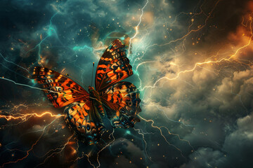 A butterfly is flying in the sky with a storm in the background