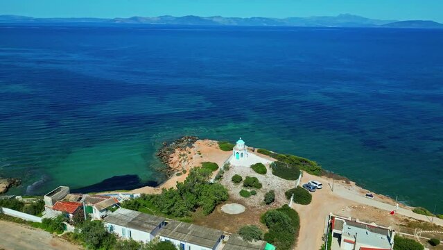 Aerial panoramic Greek Beach drone coastline view St. Paraskevi Church at summer
