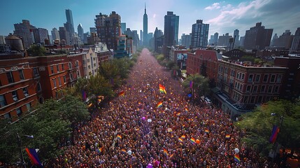 An overhead view of a large crowd gathered in a city square for an LGBTQ pride celebration
