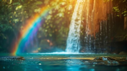 The perfect ending to a stormy day a peaceful waterfall with a vibrant rainbow as its companion.