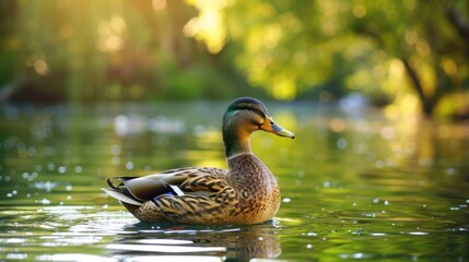 Fototapeta premium Duck with brown feathers alone at the park lake during summer